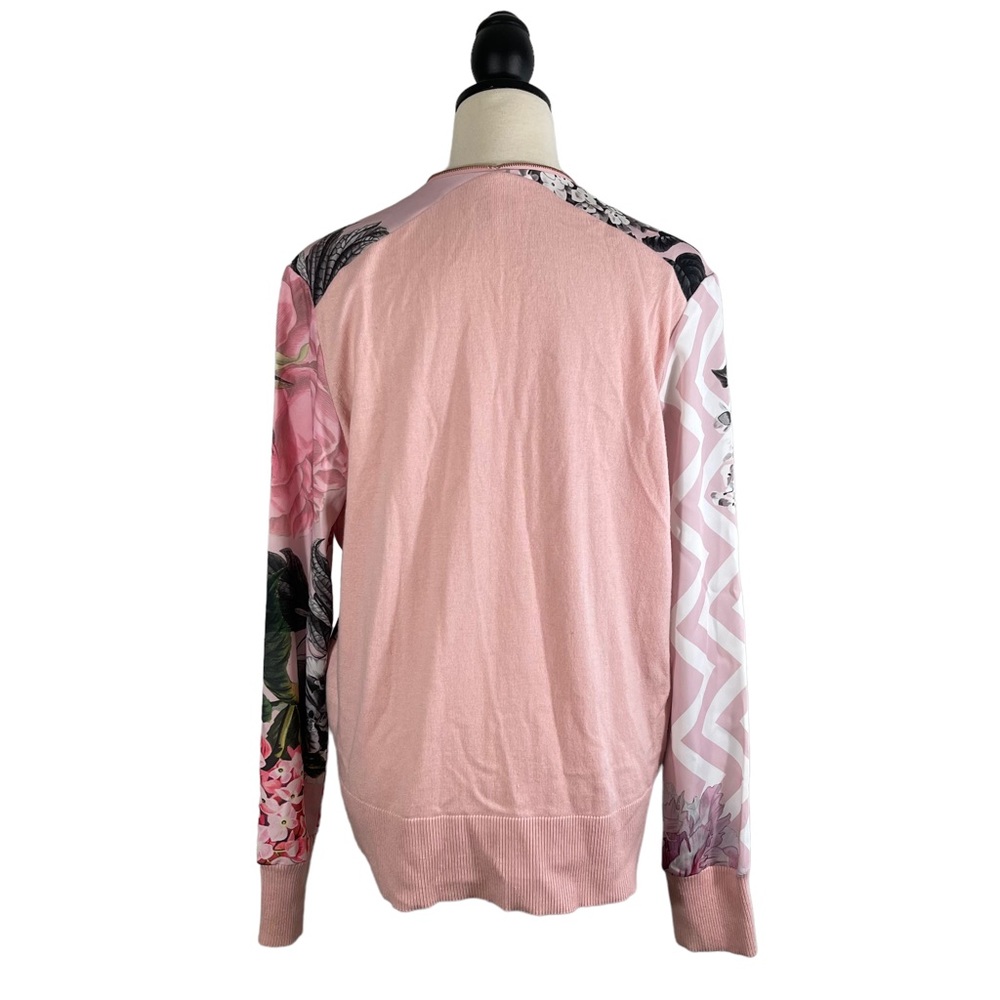 Ted Baker Bomber Jacket Pink Gray Mixed Floral Print Knit Back, Size 5 (US 12) - Picture 8 of 15